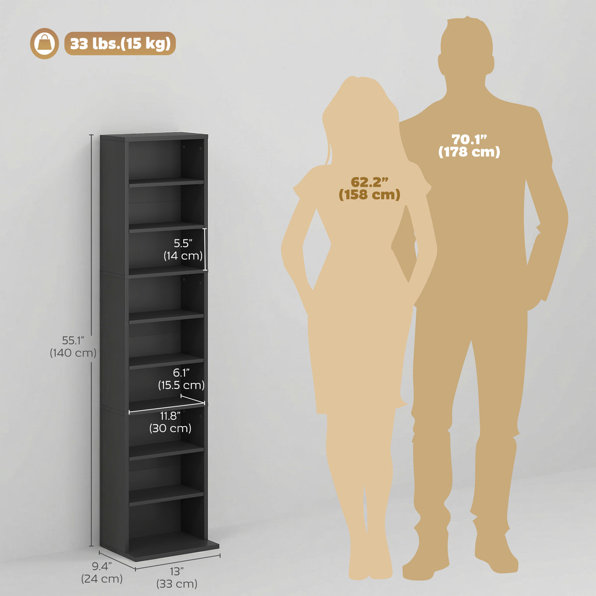 Media Storage Cabinet, 9-Tier Tall Narrow DVD Shelf with 6 Adjustable Shelves, Black – view 2