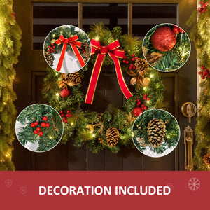 Christmas Wreath 24" Pre-Lit Artificial Greenery Xmas Spruce Wreath Cones Red Berries 20 LED Lights Battery Operated