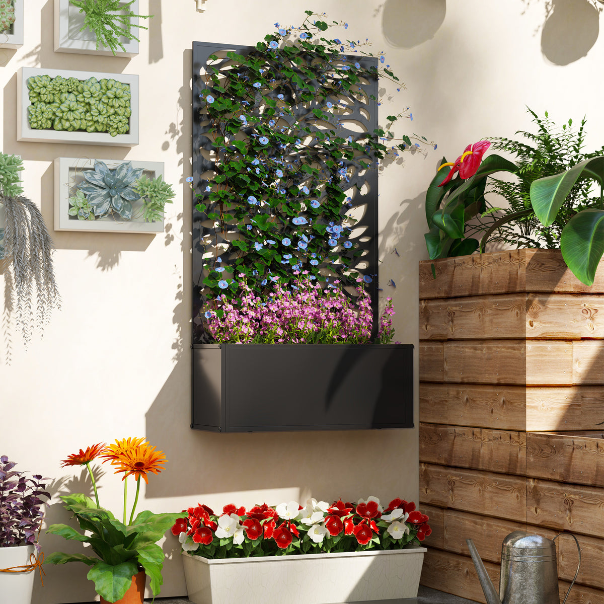 Metal Raised Garden Bed with Privacy Panel, Freestanding or Wall Mounted Outdoor Planter Box for Garden, Patio