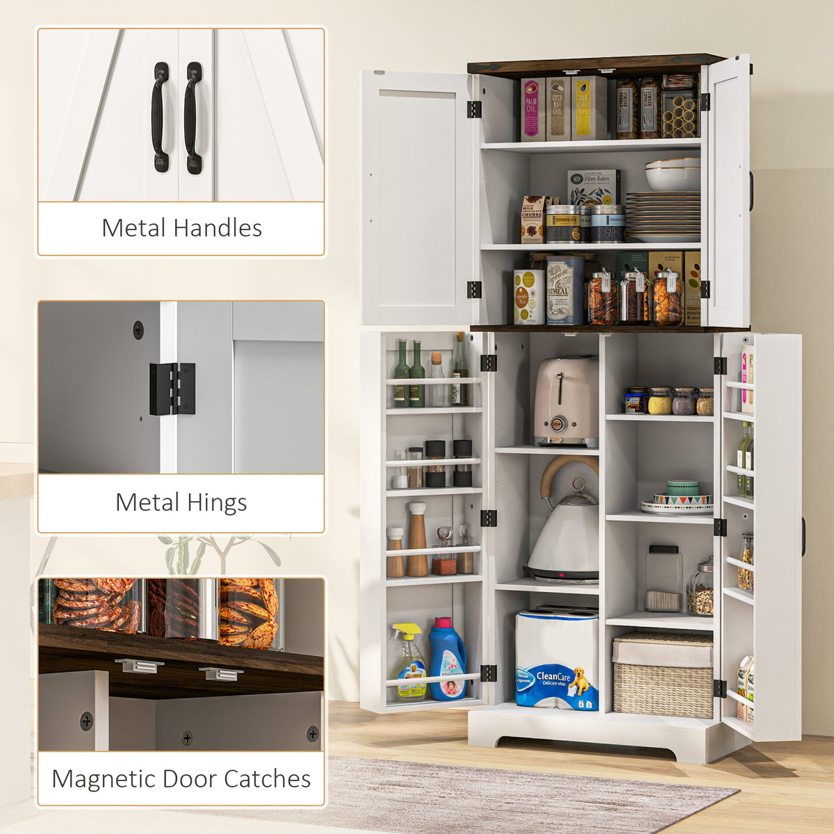 64" Tall Kitchen Pantry Cabinet with Spice Racks and Adjustable Shelves, Black Wood Grain