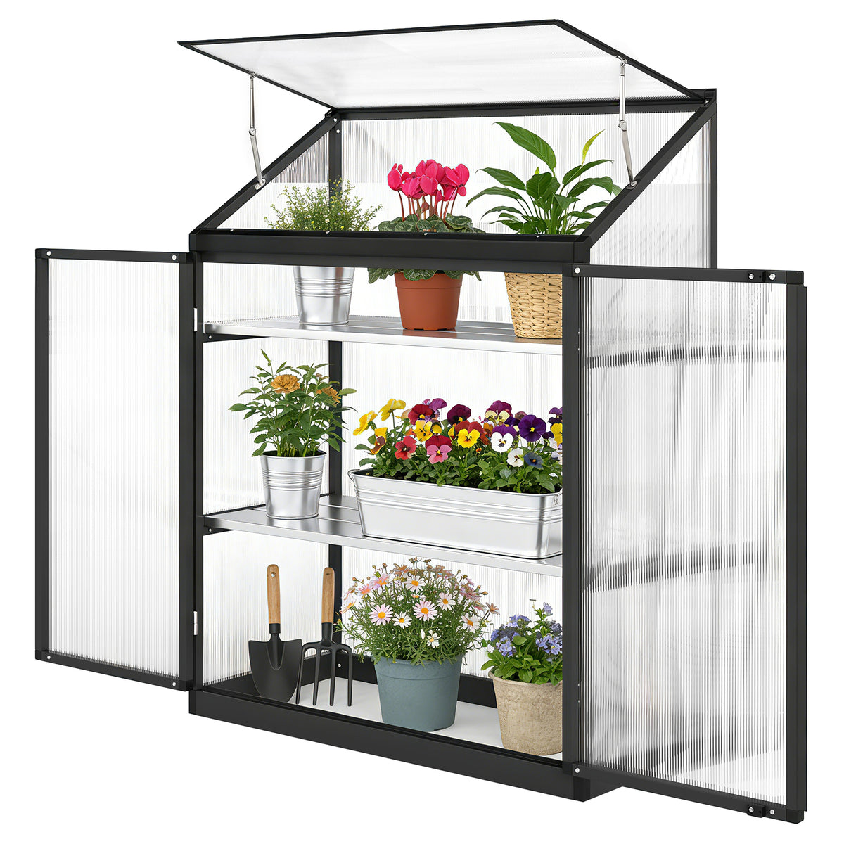 Polycarbonate Greenhouse with 2-Tier Shelves Gardening Green House for Patio Garden, Black