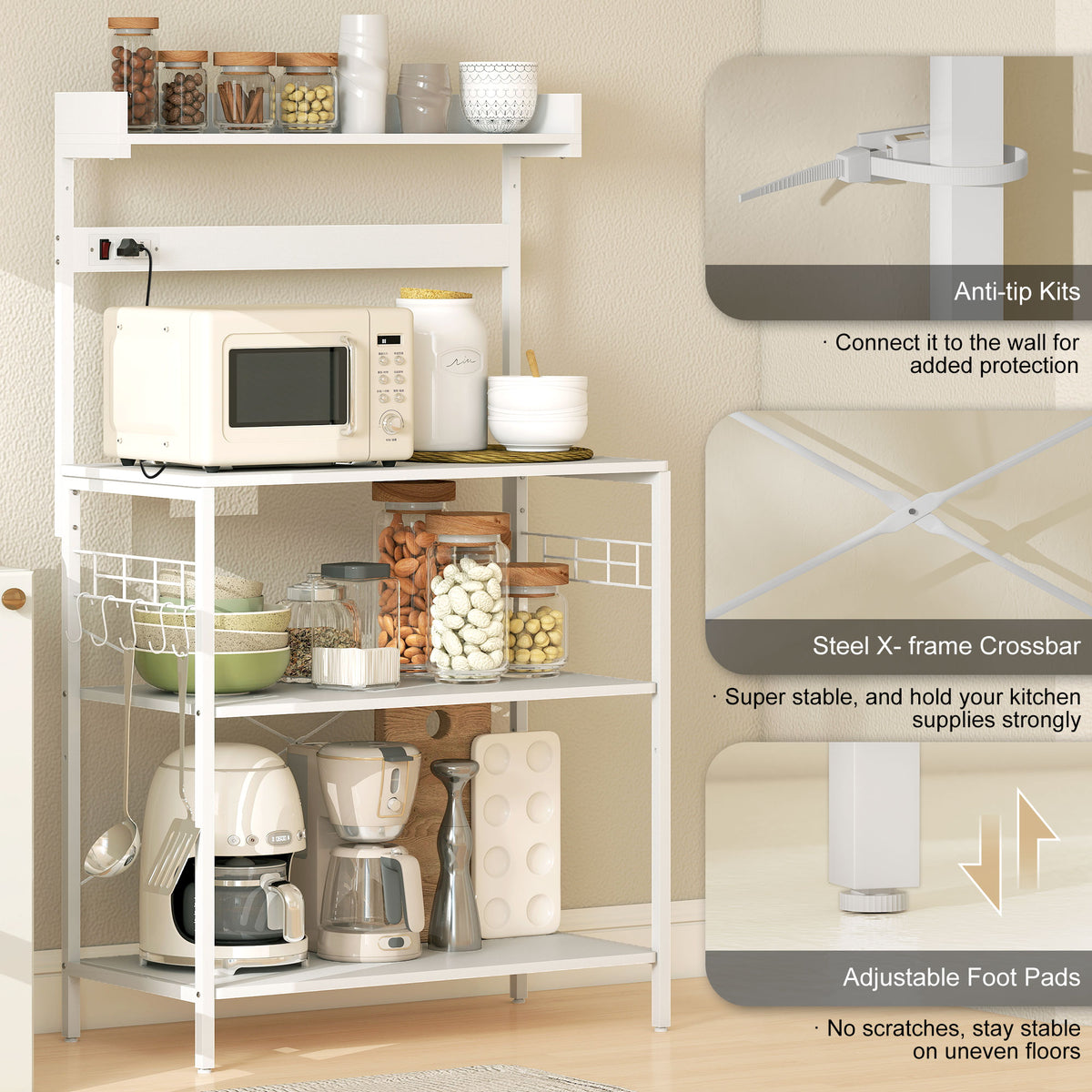 Kitchen Baker's Rack with Power Outlet, Coffee Bar Station with Adjustable Shelves and Hooks – view 34