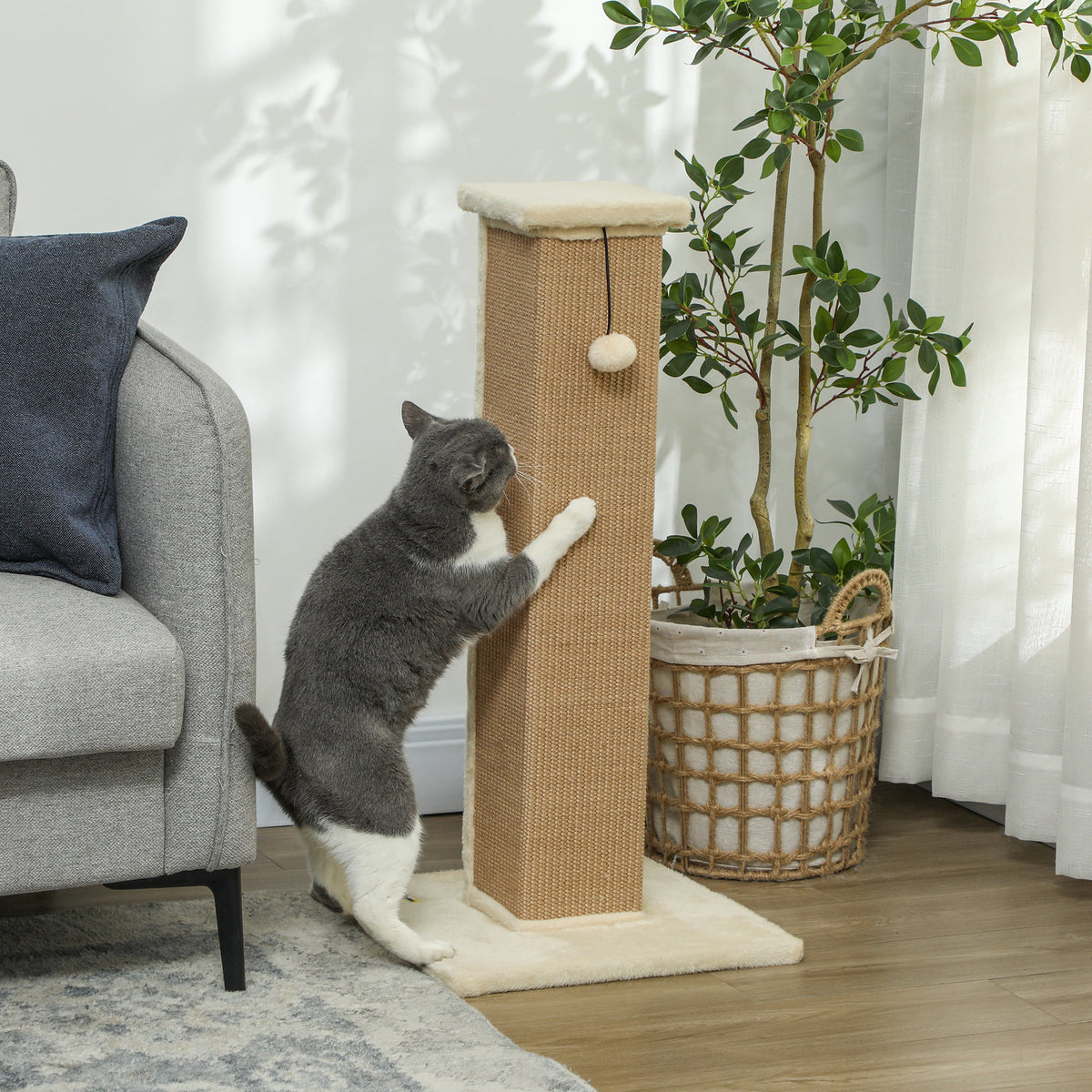 32" Tall Cat Scratching Post for Indoor Cats and Kittens, Sisal Cat Scratcher with Hanging Ball Soft Plush – view 6