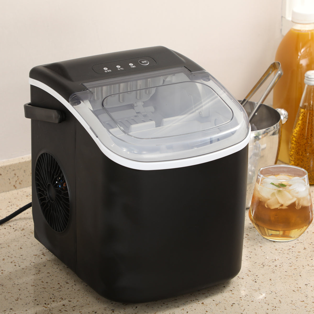 Portable Ice Maker Countertop with Handle, Self Cleaning Ice Maker Machine with Scoop and Basket, 26lbs/24Hrs, Black