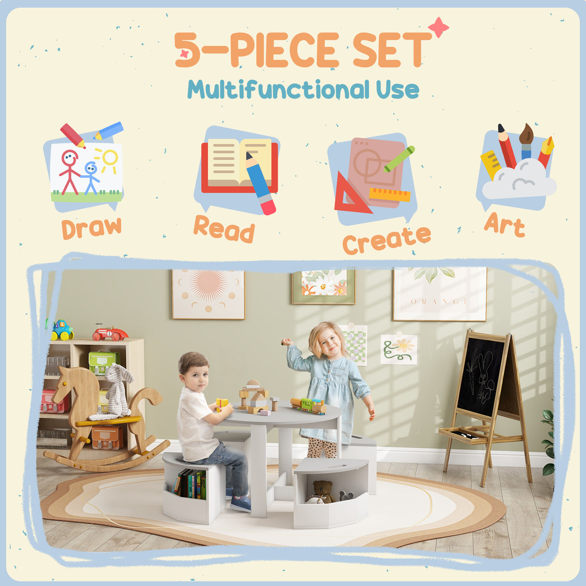 Qaba 5 Piece Kids Table and Chair Set with Storage for Kids Room