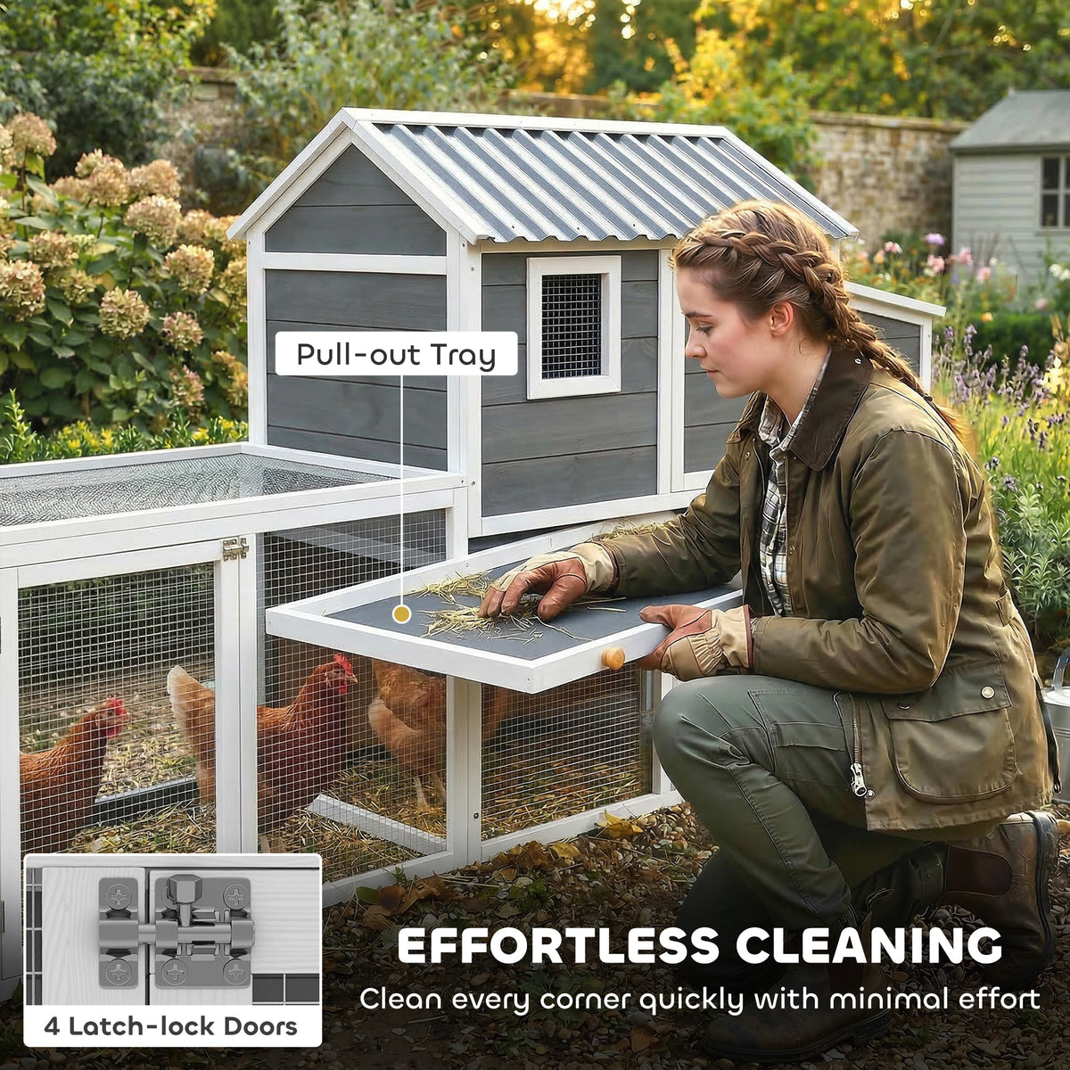 Large Chicken Coop, 134"L Wooden Chicken House with Run, Nesting Box, Slide-Out Tray, Waterproof Roof and Ramp