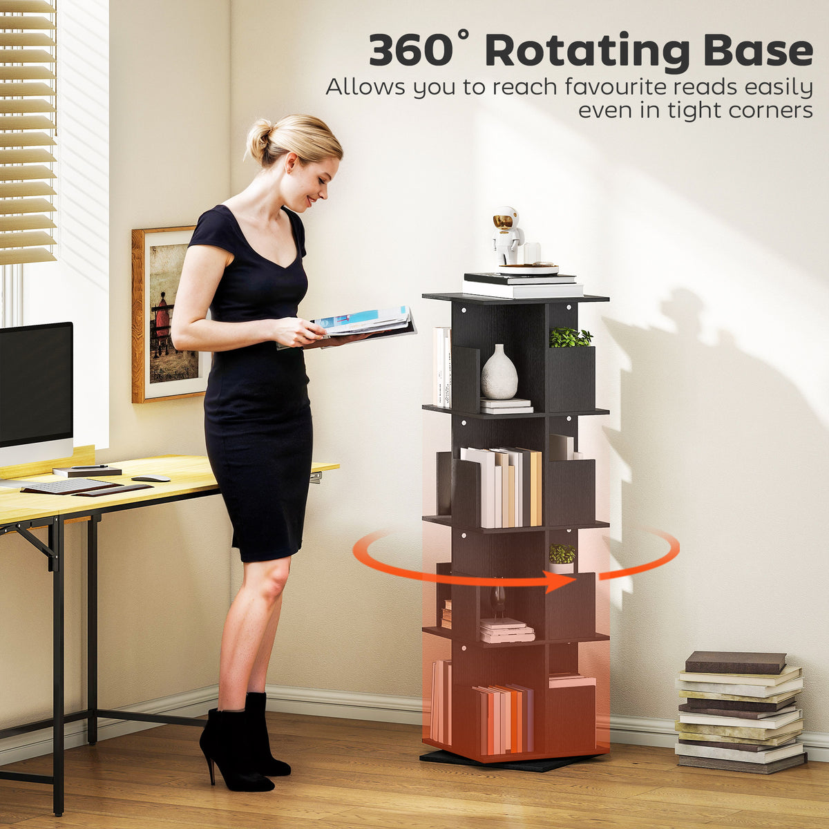 360° Rotating Bookcase with Anti-Tipping Straps, Anti-Slip Foot Pads, 4 Tier Bookshelf with 16 Cubbies for Books, Plants, Decorations, Black