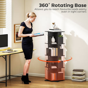 360° Rotating Bookcase with Anti-Tipping Straps, Anti-Slip Foot Pads, 4 Tier Bookshelf with 16 Cubbies for Books, Plants, Decorations, Black
