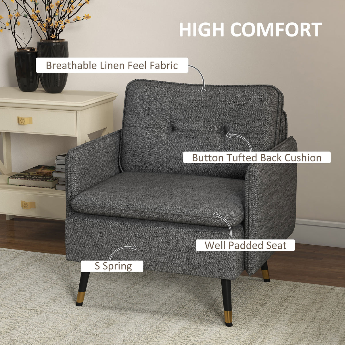 Accent Chair, Upholstered Armchair with Tufted Back Cushion and Steel Legs for Living Room, Bedroom – view 3