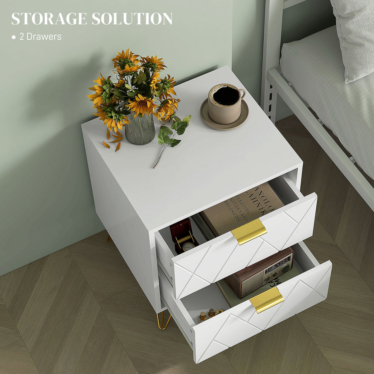 Modern Bedside Table, Accent Nightstand with 2 Drawers, Bed End Table for Bedroom, Black – view 10