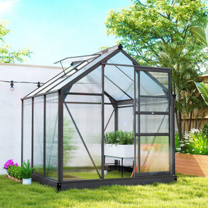 Greenhouse Garden, Green House, Outdoor Greenhouse Kit, PC Board with Sliding Door, 6.2' x 6.3' x 6.6', Grey