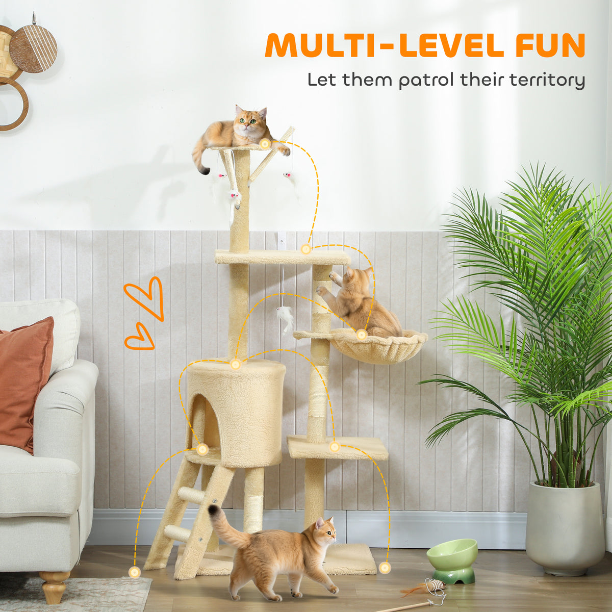 53" Cat Tree Tower, Kitten Activity Centre with Scratching Posts, Condo, Perches, Ladder, Hammock – view 10