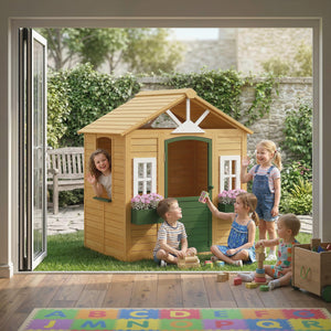 Qaba Outdoor Playhouse, Wooden Kids Playhouse with Door, 3 Windows, 2 Flower Boxes for Garden, Indoor Playroom, Ages 3–8
