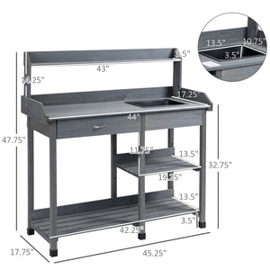 Potting Bench Table Garden Work Bench Workstation with Drawer, Removable Sink, Storage Shelves and Hooks for Patio, Courtyards, Balcony