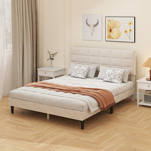 Queen Size Bed Frame with Upholstered Headboard, Modern Platform Bed Frame with Wood Slats, 1100 lbs Capacity, Cream