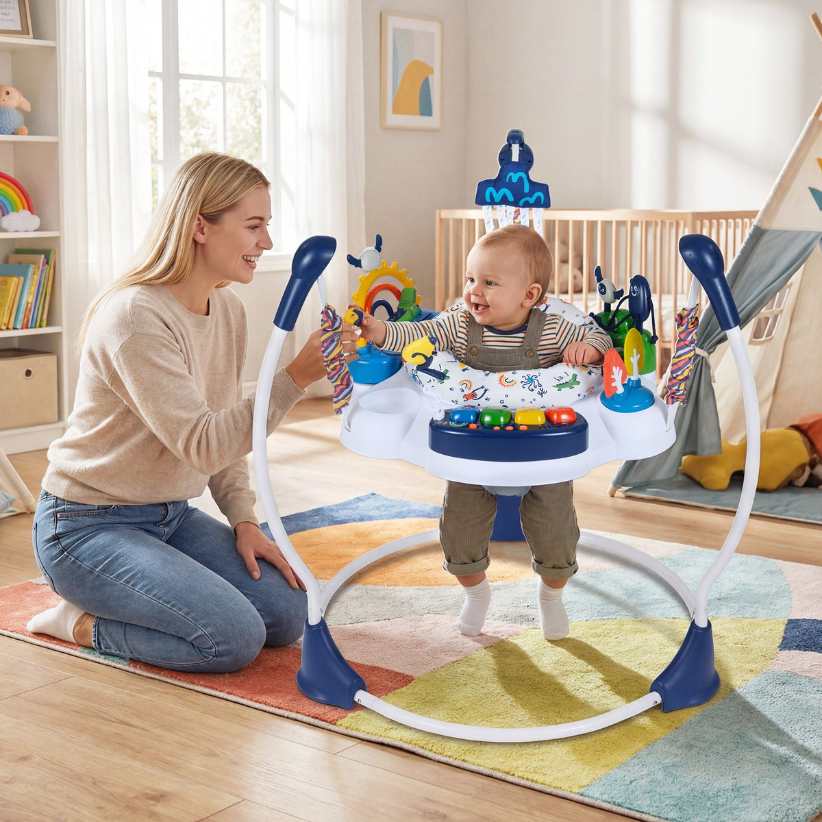 Baby Activity Center Baby Jumper and Bouncer with 6 Interactive Toys Lights and Music-Blue view 2