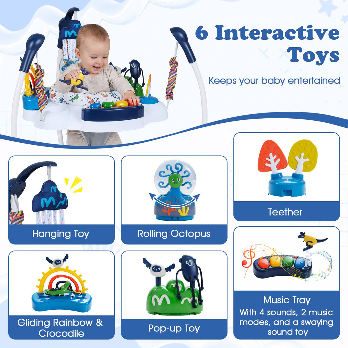Baby Activity Center Baby Jumper and Bouncer with 6 Interactive Toys Lights and Music-Blue view 4