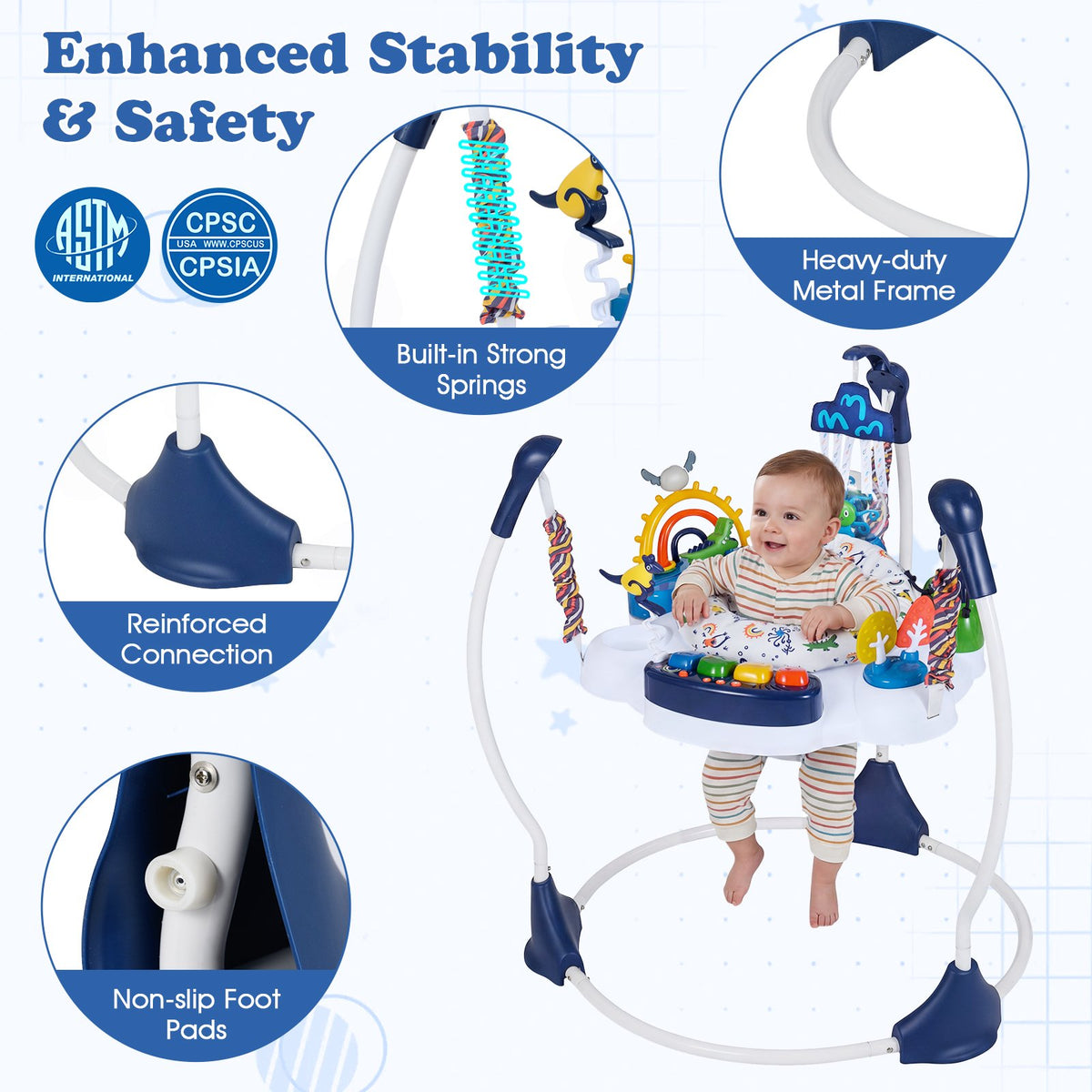 Baby Activity Center Baby Jumper and Bouncer with 6 Interactive Toys Lights and Music-Blue view 7