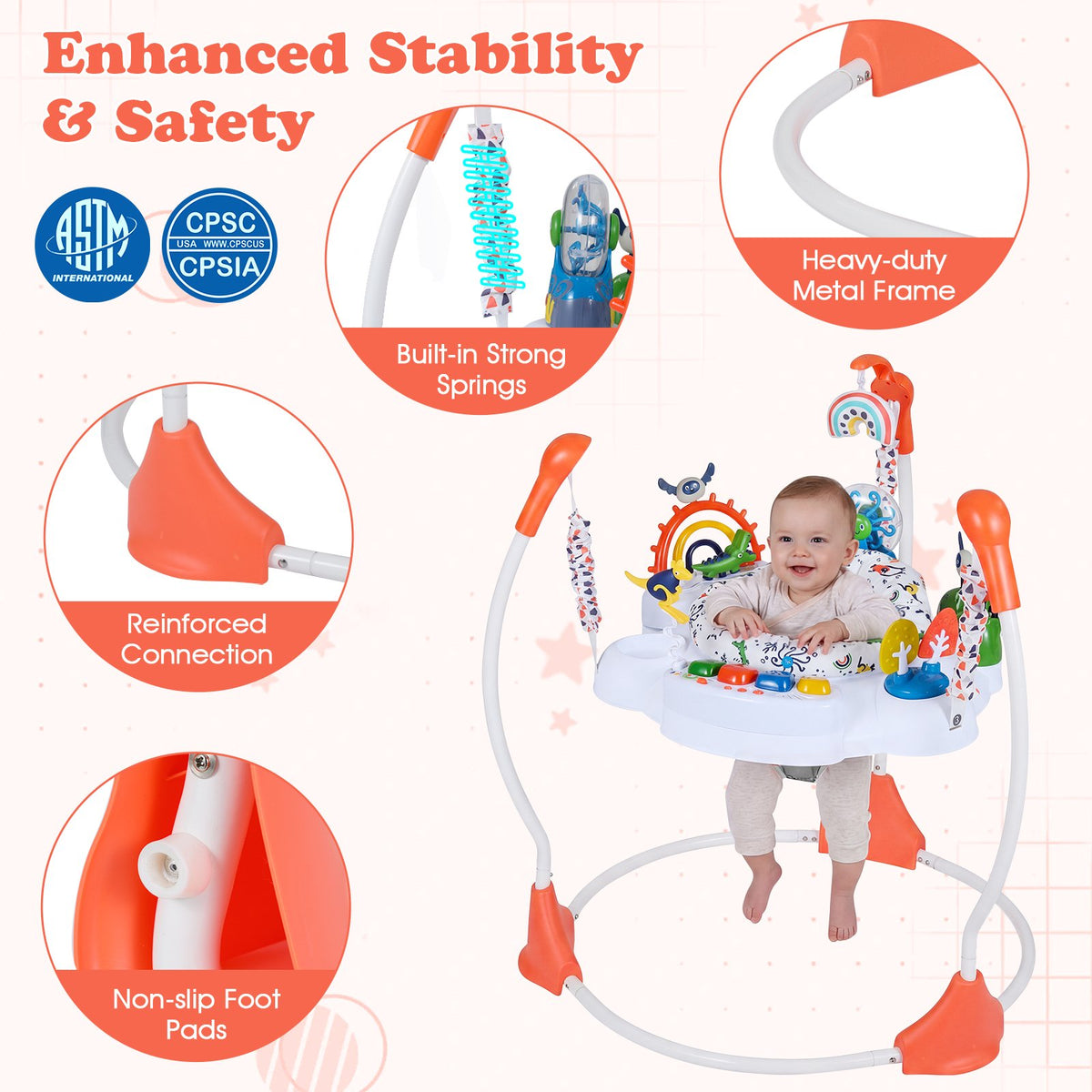 Baby Activity Center Baby Jumper and Bouncer with 6 Interactive Toys Lights and Music-Orange view 7