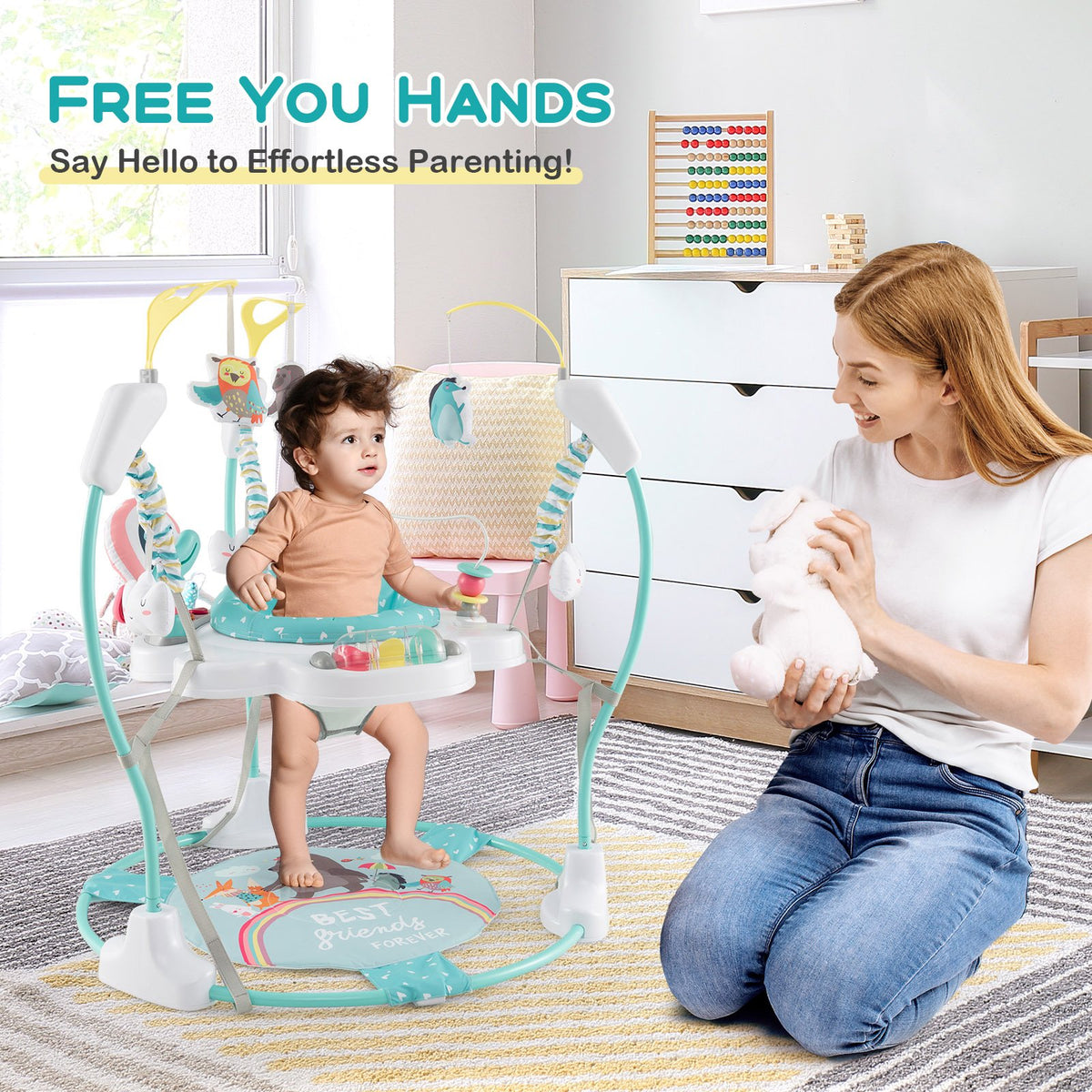 Baby Activity Center Height Adjustable Baby Bouncing Saucer with Interactive Toys-Blue view 2
