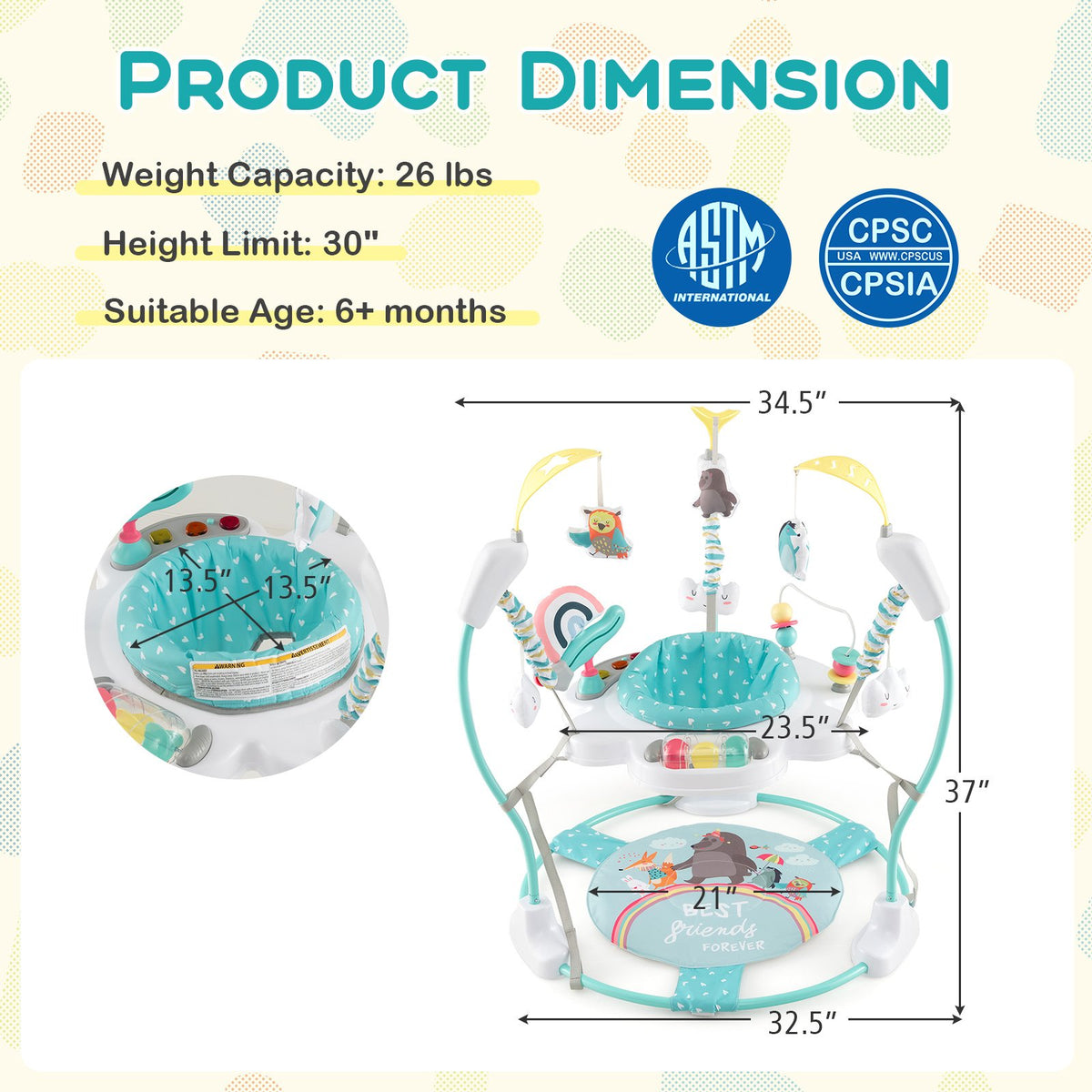 Baby Activity Center Height Adjustable Baby Bouncing Saucer with Interactive Toys-Blue view 3