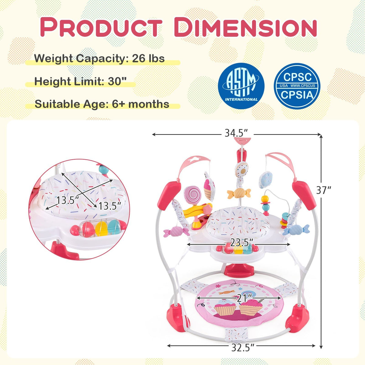 Baby Activity Center Height Adjustable Baby Bouncing Saucer with Interactive Toys-Pink view 3