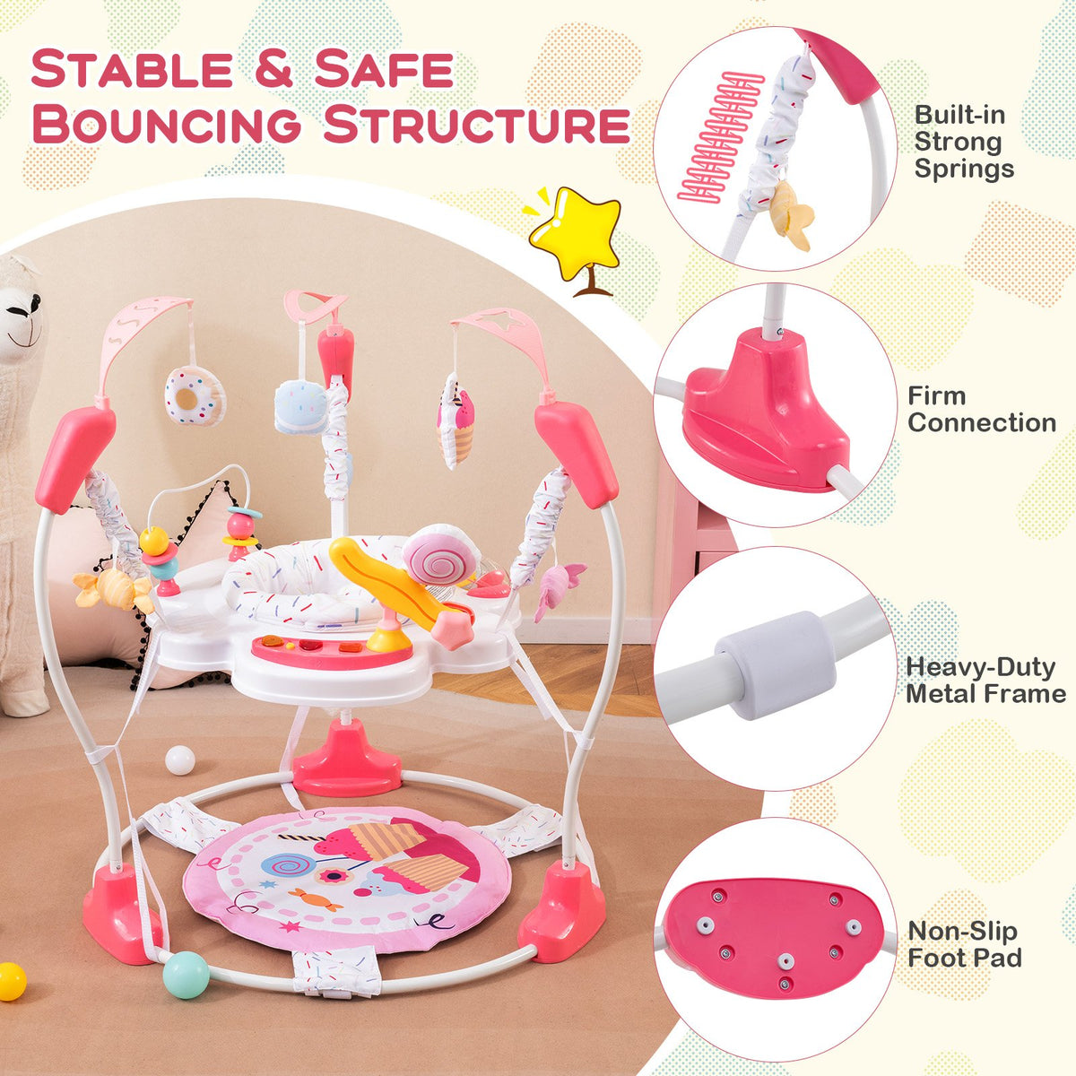 Baby Activity Center Height Adjustable Baby Bouncing Saucer with Interactive Toys-Pink view 4