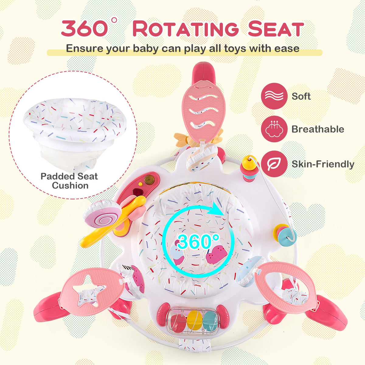 Baby Activity Center Height Adjustable Baby Bouncing Saucer with Interactive Toys-Pink view 5