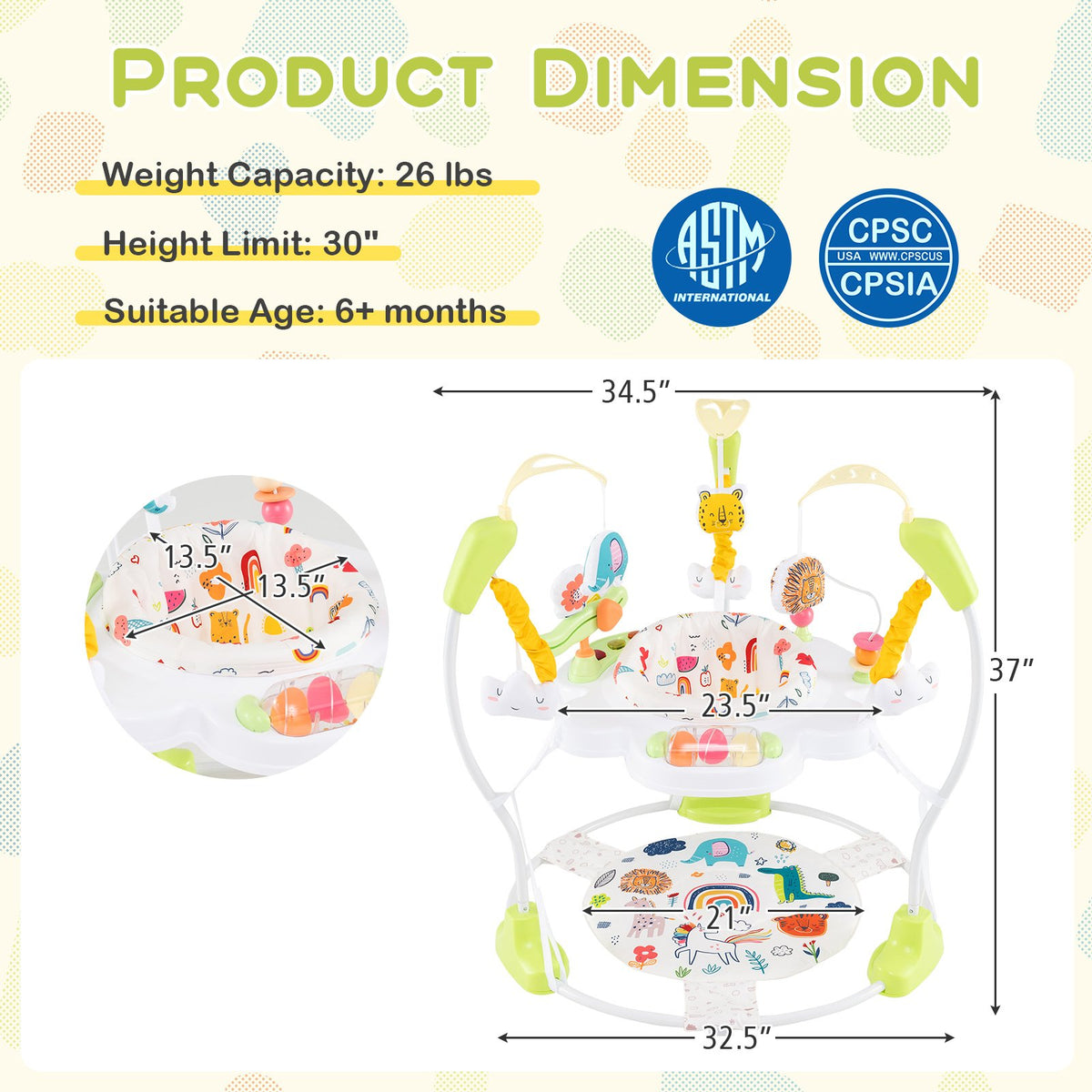 Baby Activity Center Height Adjustable Baby Bouncing Saucer with Interactive Toys-Yellow view 4