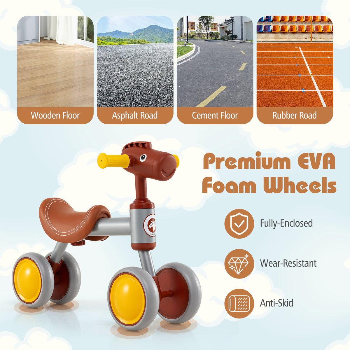 Baby Balance Bike No Pedal 4-Wheel Bicycle-Brown view 6