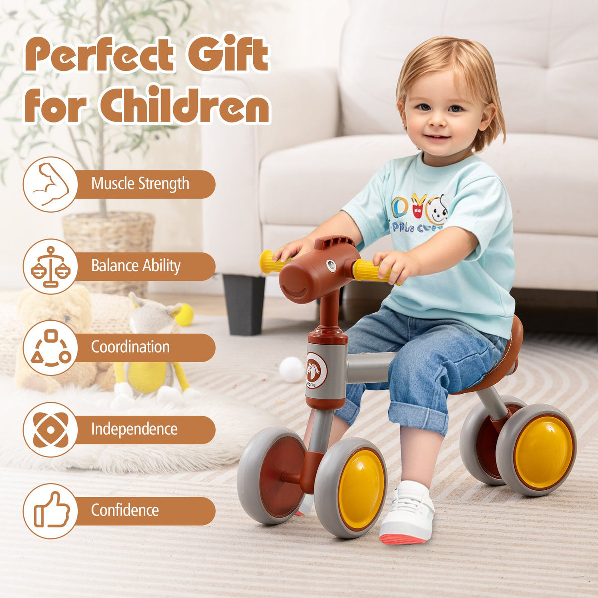 Baby Balance Bike No Pedal 4-Wheel Bicycle-Brown view 9