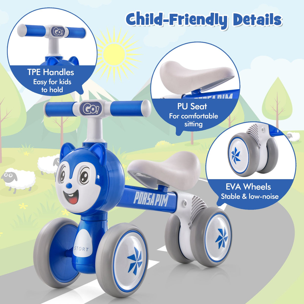 Baby Balance Bike No Pedal Lightweight Infant 4 Wheels Baby Bicycle-Blue view 8
