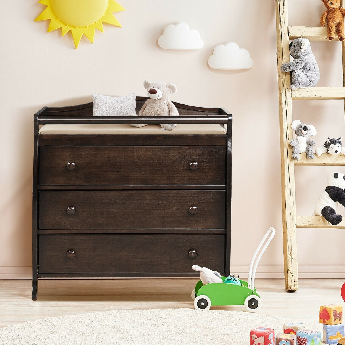 Baby Changing Table Infant Diaper with 3 Drawers and Safety Belt-Brown view 2
