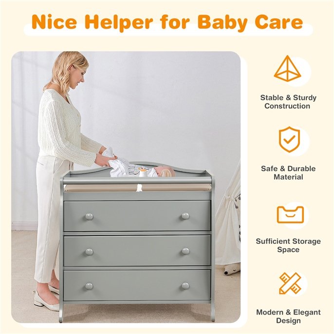 Baby Changing Table Infant Diaper with 3 Drawers and Safety Belt-Gray view 8
