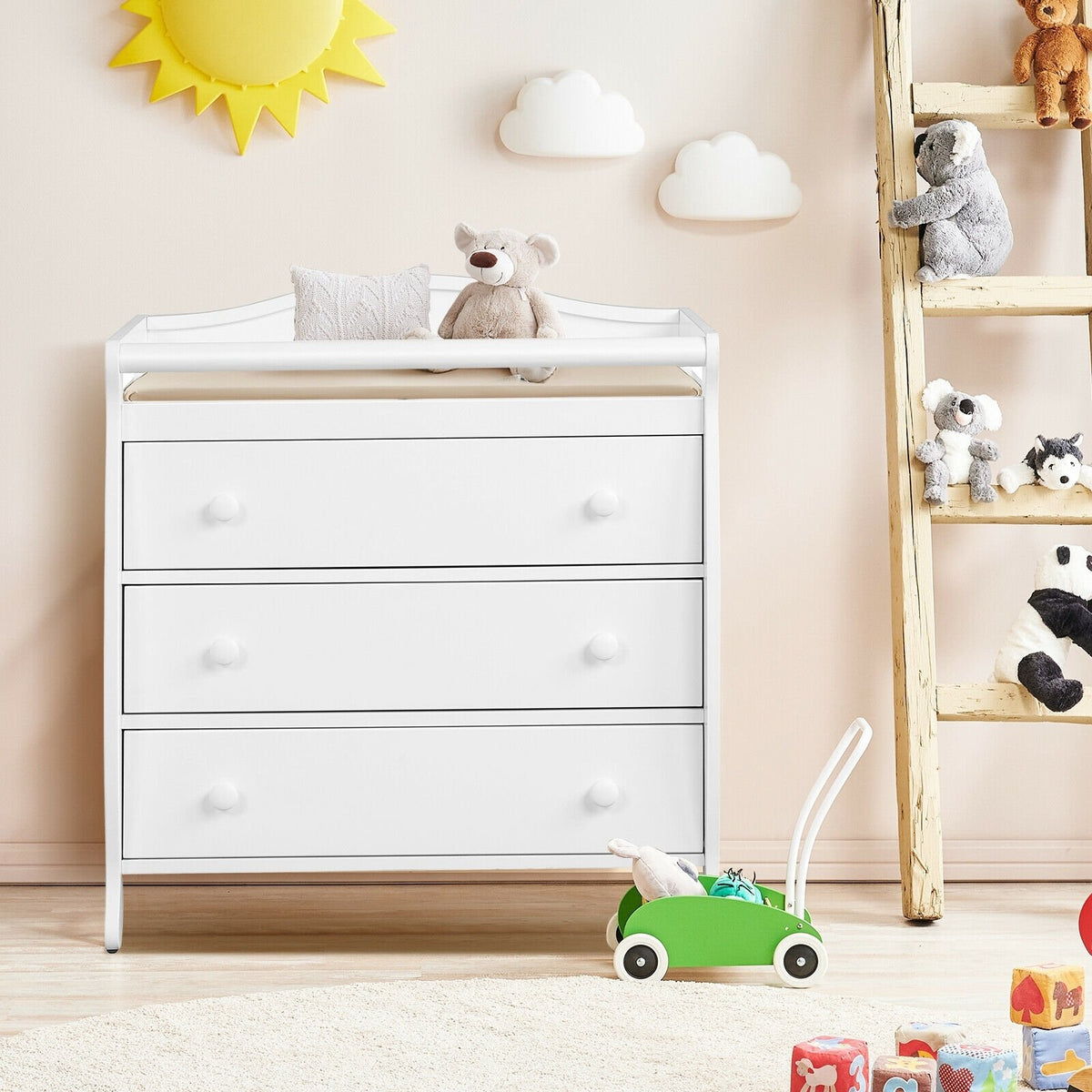 Baby Changing Table Infant Diaper with 3 Drawers and Safety Belt-White view 2