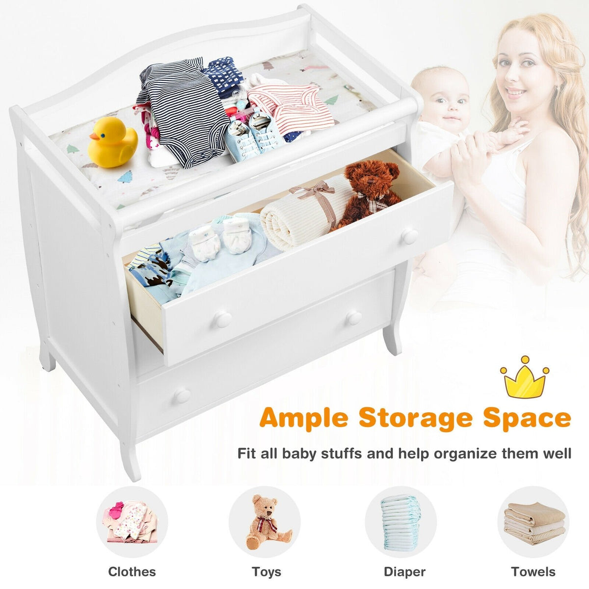 Baby Changing Table Infant Diaper with 3 Drawers and Safety Belt-White view 5