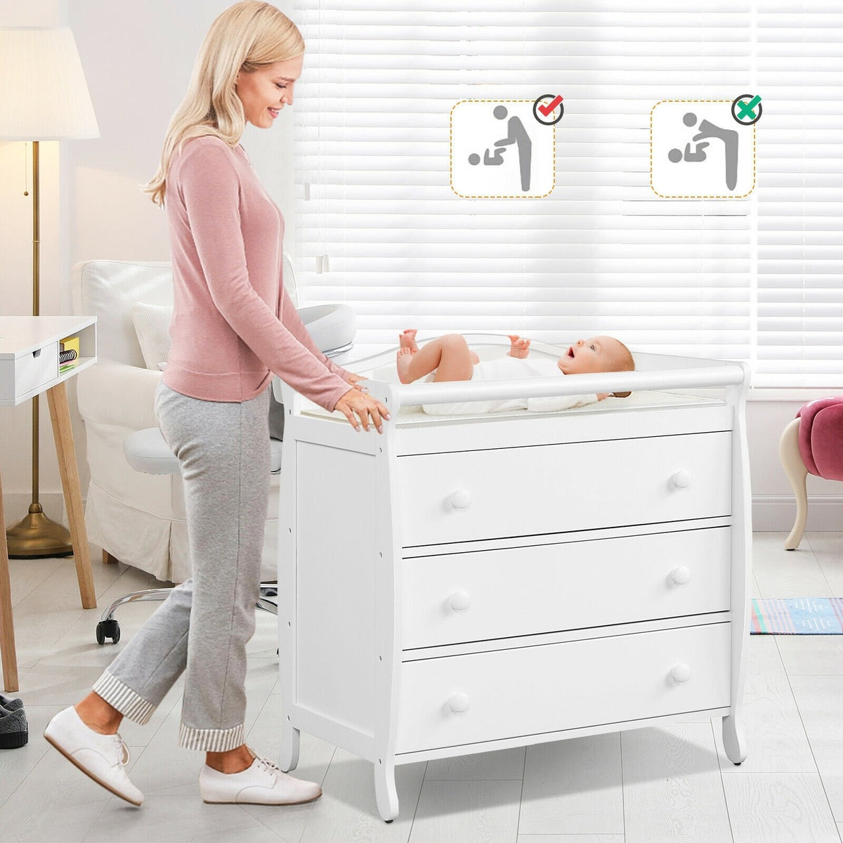 Baby Changing Table Infant Diaper with 3 Drawers and Safety Belt-White view 6