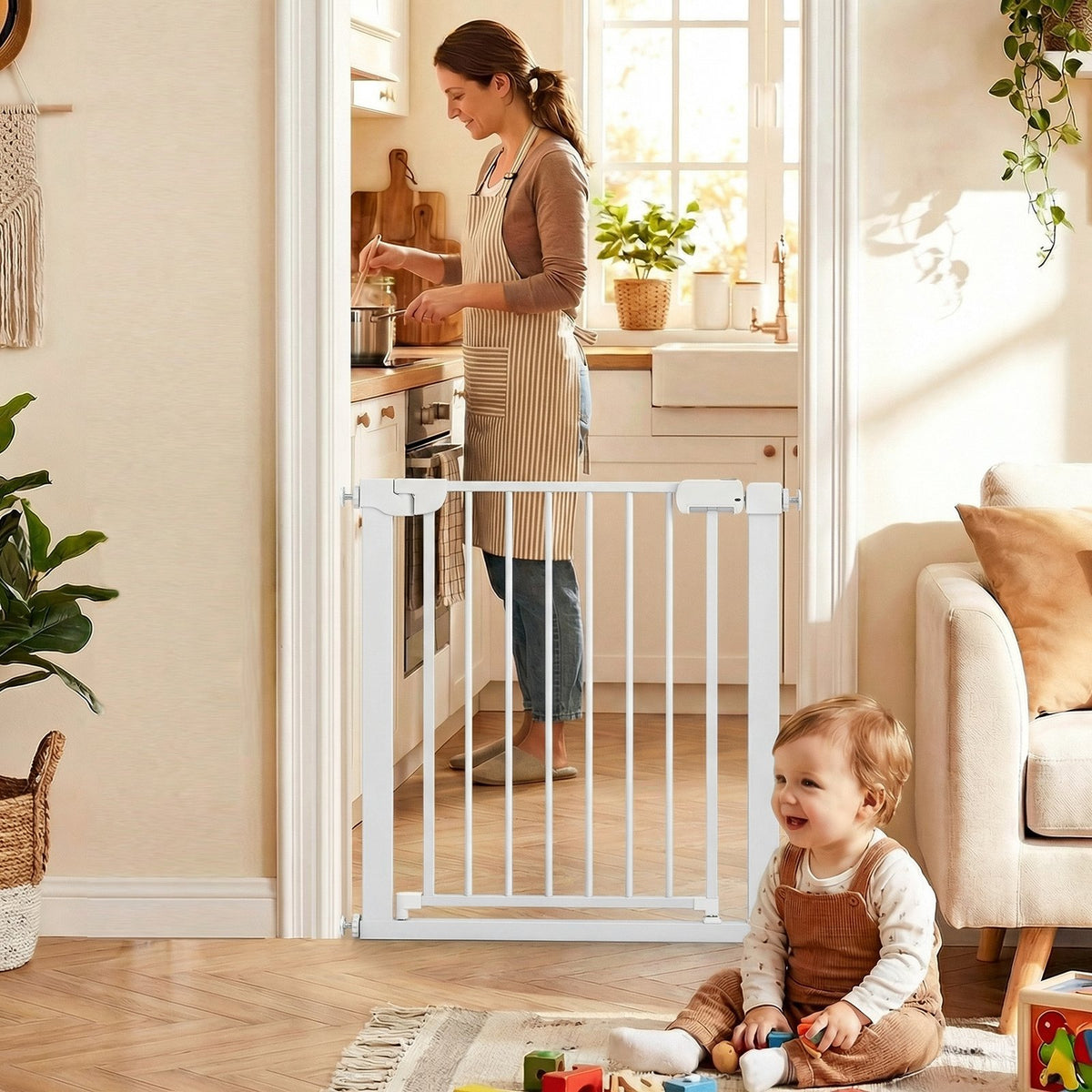Baby Gate for Stairs Pressure Mounted Auto-Close Door Gate-White view 7