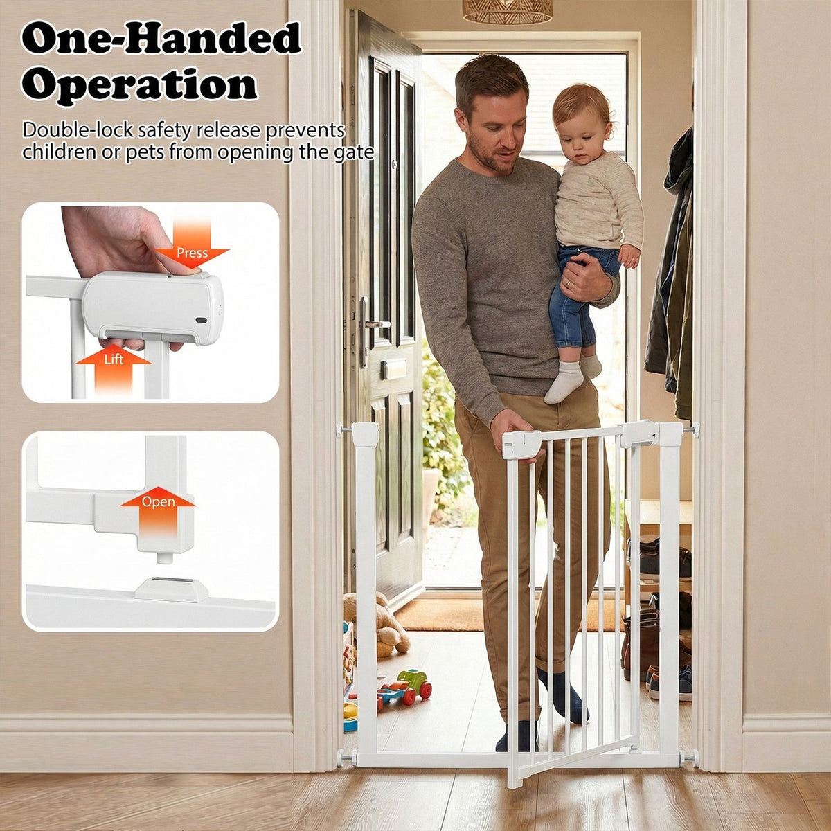 Baby Gate for Stairs Pressure Mounted Auto-Close Door Gate-White view 9