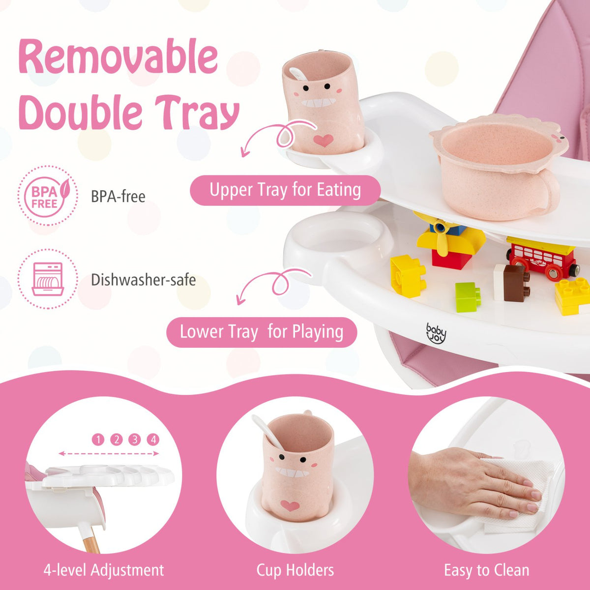 Baby High Chair with Dishwasher Safe Tray-Pink view 6