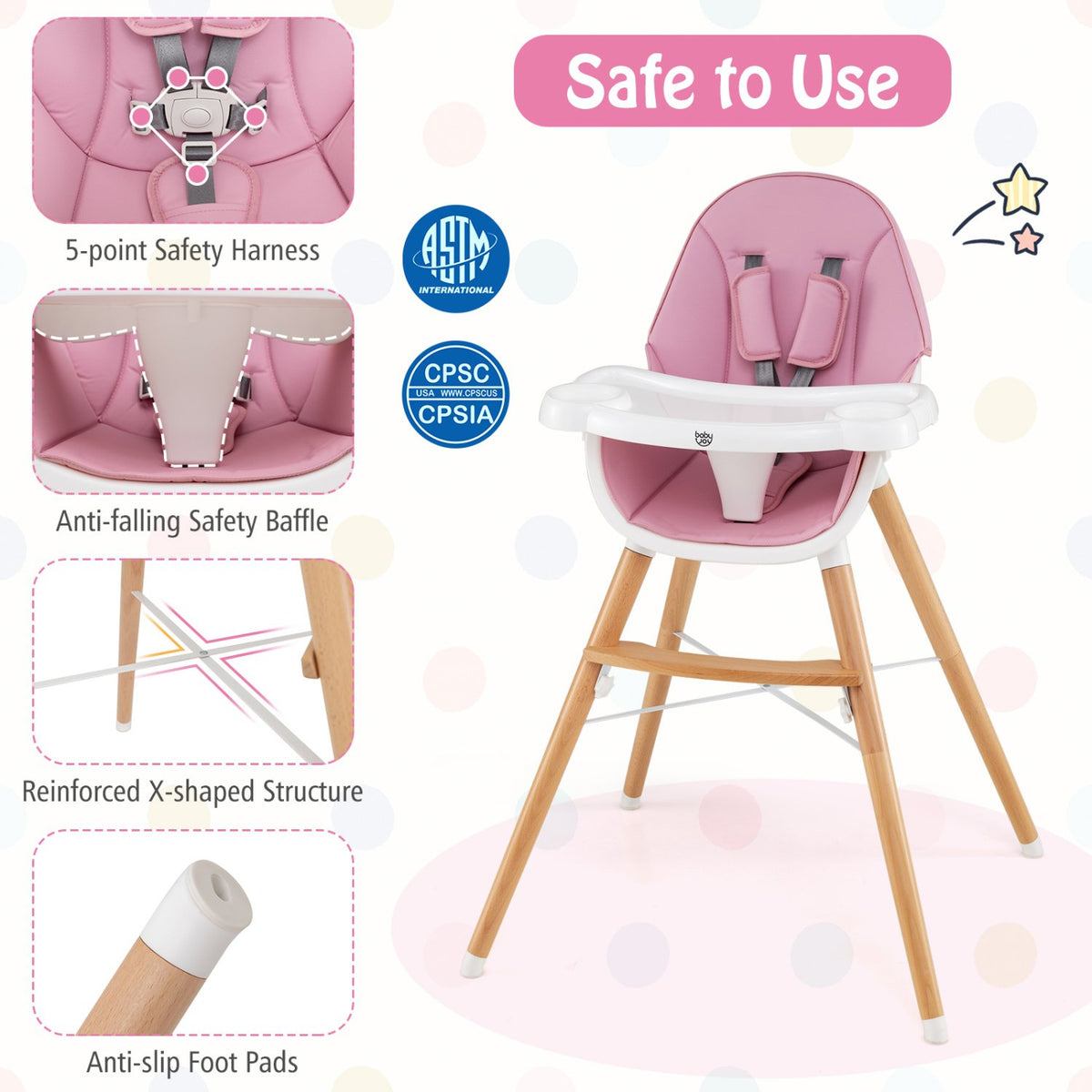 Baby High Chair with Dishwasher Safe Tray-Pink view 8