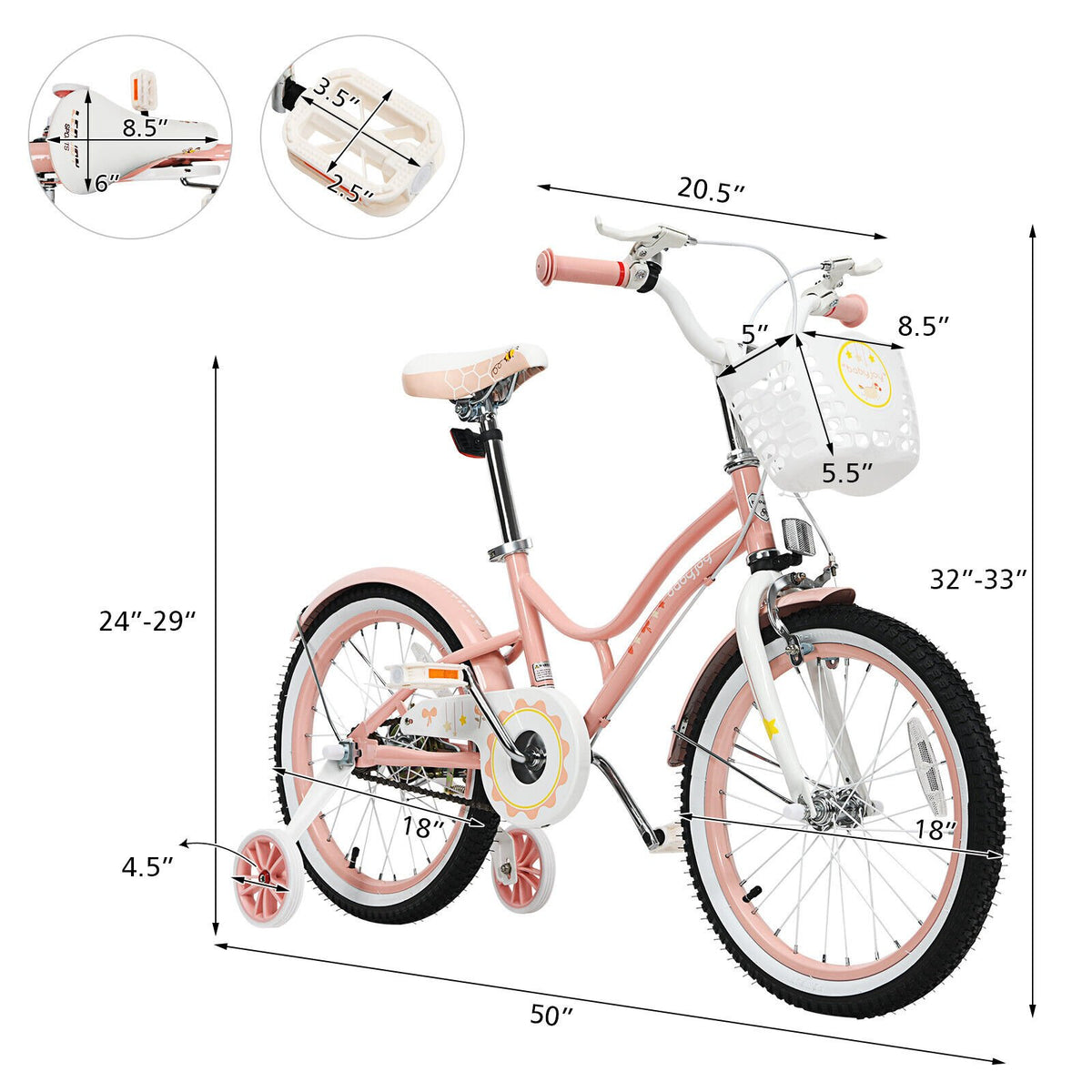 18 Inch Kids Adjustable Bike Toddlers with Training Wheels-Pink view 5