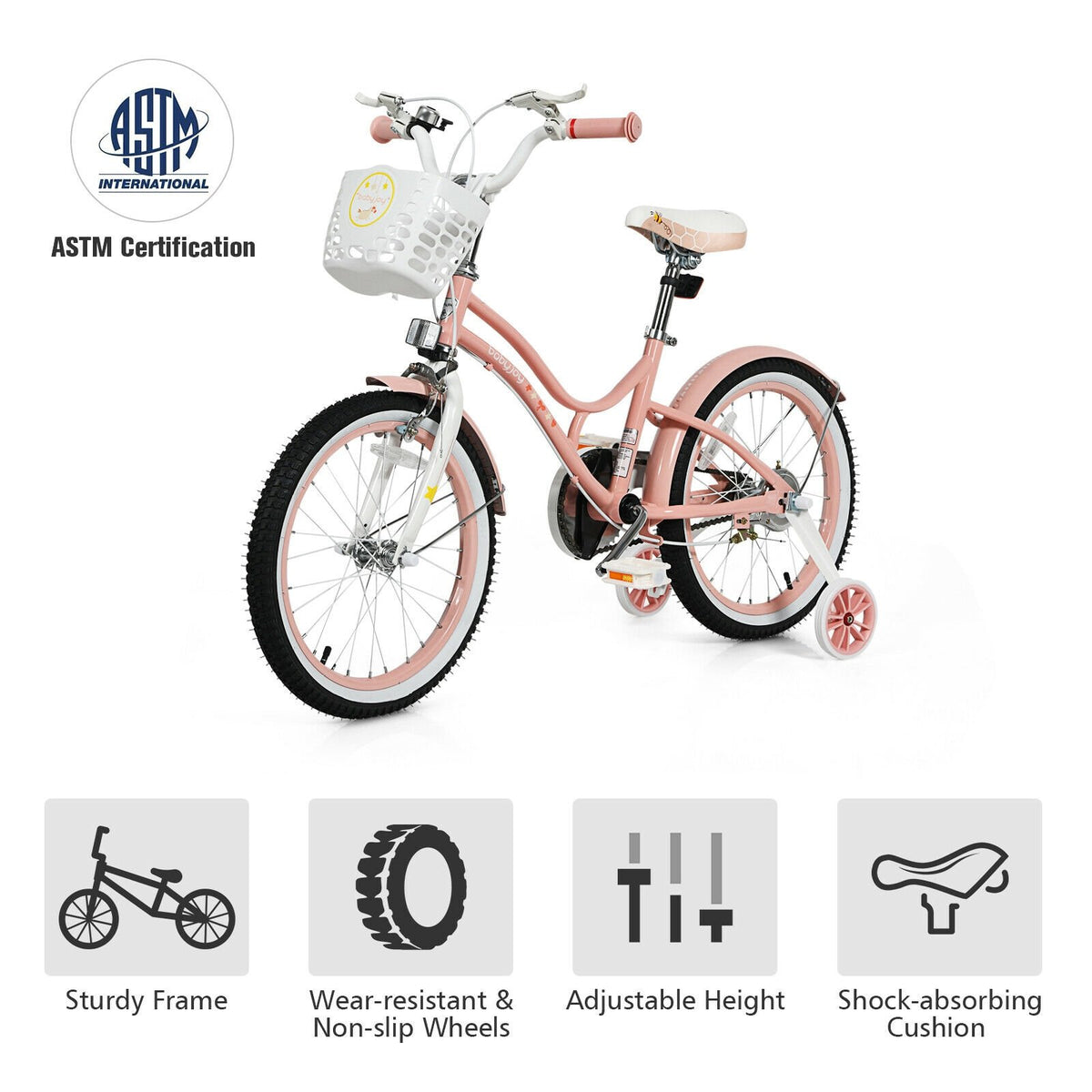 18 Inch Kids Adjustable Bike Toddlers with Training Wheels-Pink view 7