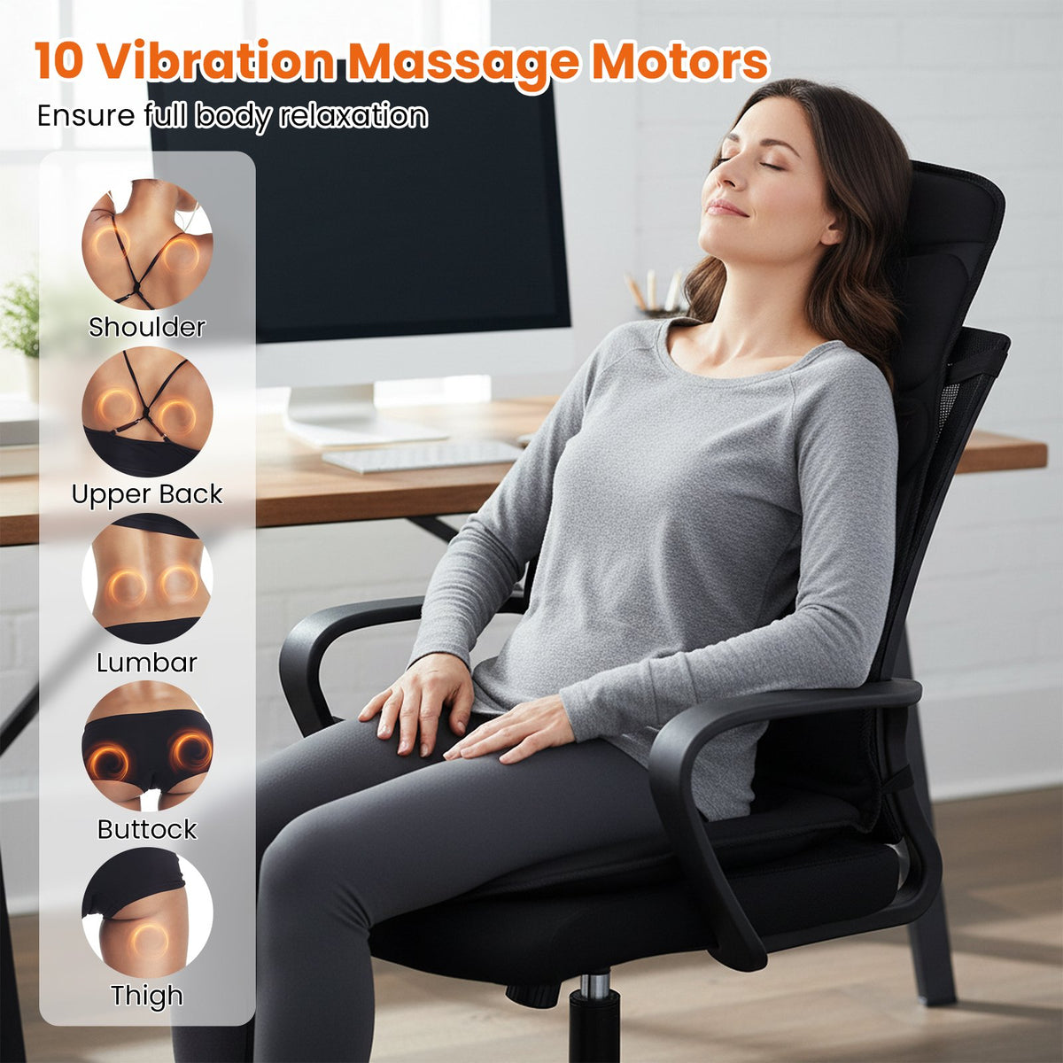 Back Massager Seat Cushion with Heat and 10 Vibration Motors for Pain Relief-Black view 8