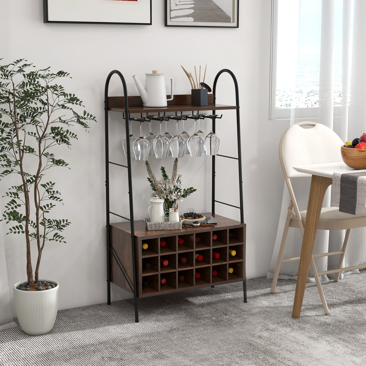 Baker's Rack with Detachable Wine Rack and 5 Rows of Stemware Holder-Rustic Brown view 2