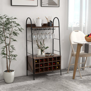 Baker's Rack with Detachable Wine Rack and 5 Rows of Stemware Holder-Rustic Brown view 2