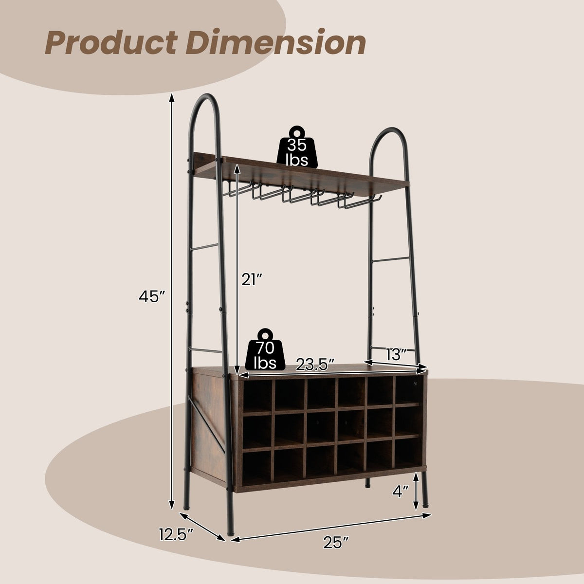 Baker's Rack with Detachable Wine Rack and 5 Rows of Stemware Holder-Rustic Brown view 5