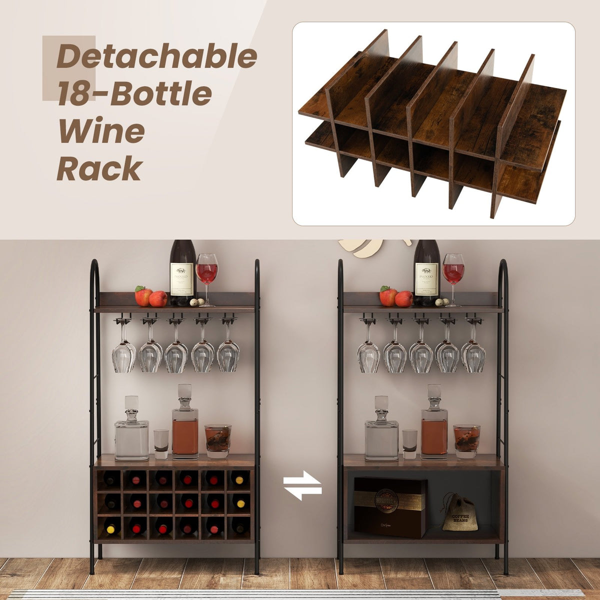 Baker's Rack with Detachable Wine Rack and 5 Rows of Stemware Holder-Rustic Brown view 6