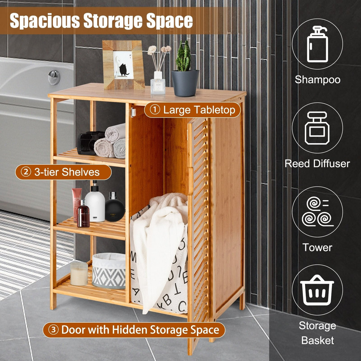 Bamboo Bathroom Storage Cabinet with Single Door-Natural view 6