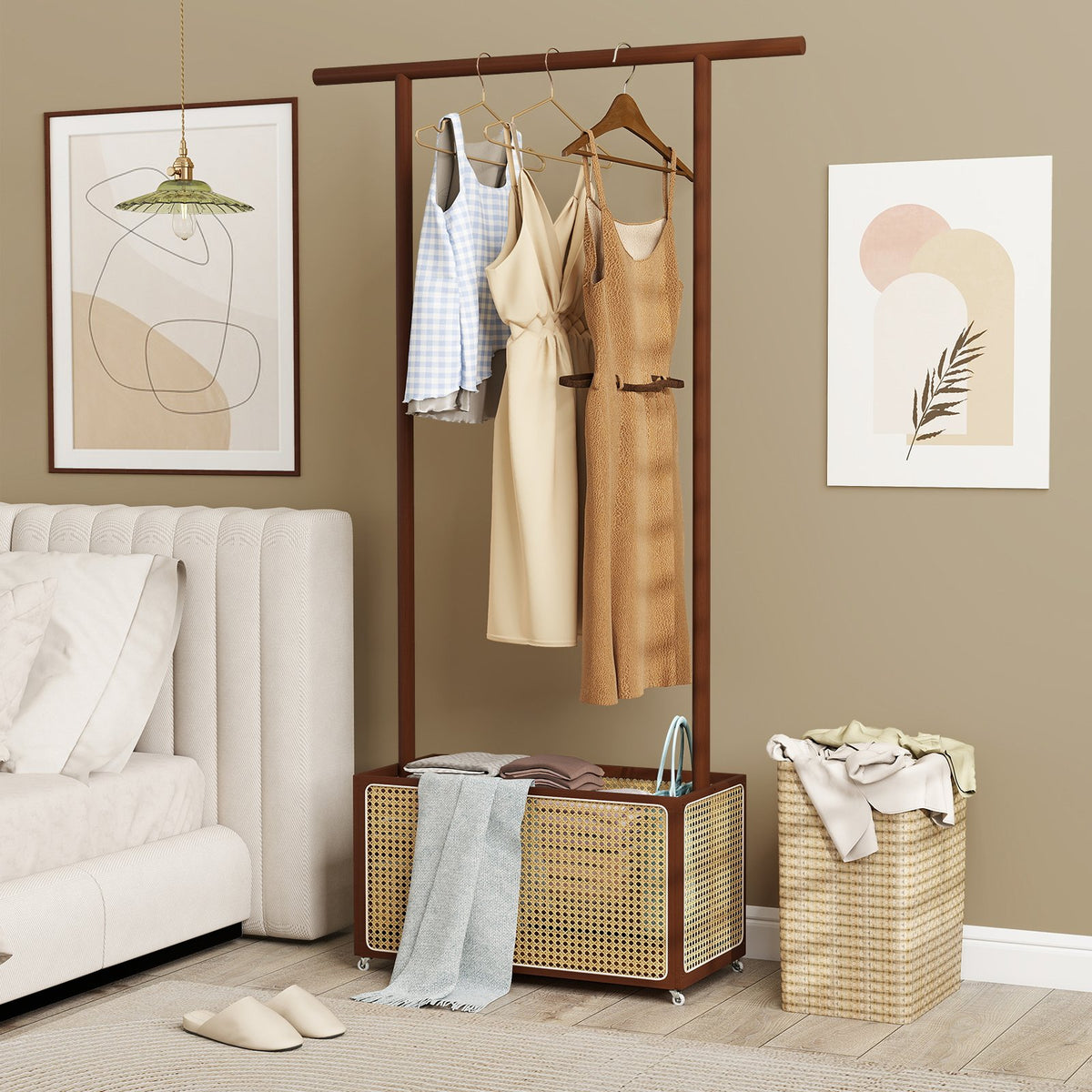 Bamboo Clothes Rack with Rattan Storage Basket and Wheels-Brown view 2